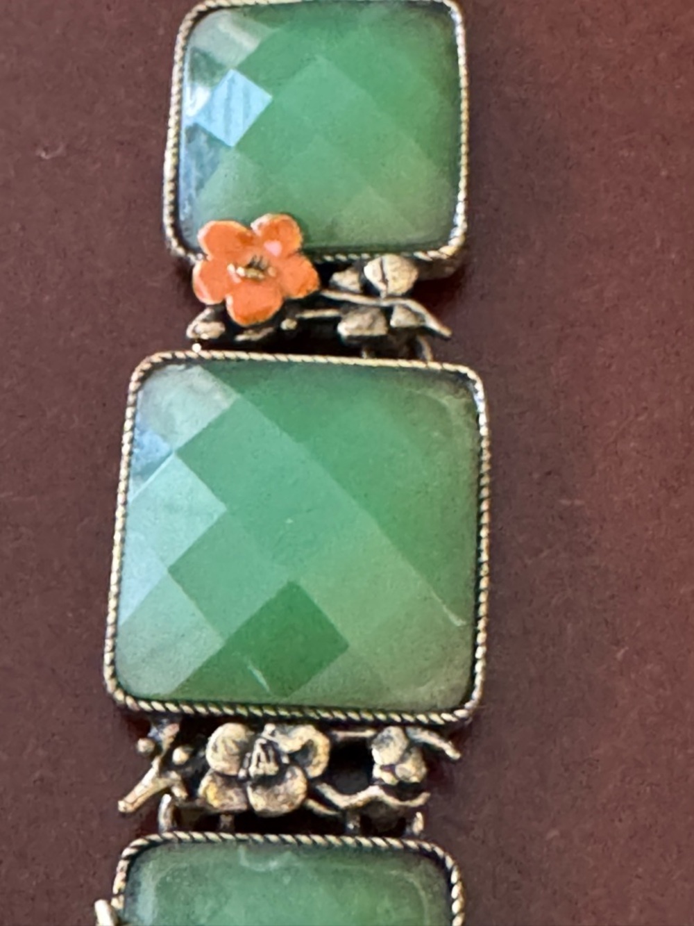 Vintage Lucky Brand Green Faceted Stone & Orange Flower Gold Tone Bracelet - Picture 5 of 11